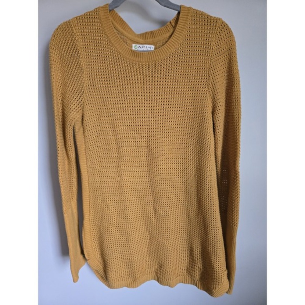 Akin Sweater Women's Small S Mustard Crochet‎ Knit Tunic Length